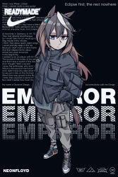 1girl absurdres alternate_costume animal_ears black_background black_hair brown_hair cargo_pants character_name clothes_iron commentary daft_punk earrings english_commentary english_text highres horse_ears horse_girl horse_tail jewelry long_hair multicolored_hair neonfloyd nike_(company) pants parka purple_eyes readymade_(ado) shoes signature single_earring sneakers solo symboli_rudolf_(umamusume) tail text_focus umamusume white_hair