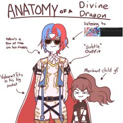  1boy 1girl :3 absurdres alear_(fire_emblem) alear_(male)_(fire_emblem) anatomy_of_a_gamer_(meme) anna_(fire_emblem) arms_behind_back blue_hair cape closed_mouth commentary crossed_bangs dress english_commentary english_text enigmaticexalt fire_emblem fire_emblem_engage highres long_hair looking_at_viewer meme multicolored_hair nintendo ponytail red_cape red_hair short_hair smile sunglasses two-tone_hair white_background 