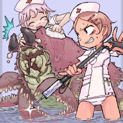  2girls ^^^ ^_^ animal black_eyes blue_background blush brown_hair closed_eyes commentary crustacean crying english_commentary glint grin gun hair_ornament hairclip harpoon harpoon_gun hat holding holding_gun holding_towel holding_weapon kikai_(akita_morgue) looking_at_animal lowres multiple_girls nervous_smile nontraditional_school_swimsuit nurse nurse_cap oekaki one-piece_swimsuit open_mouth original oversized_animal pink_hair ripples school_swimsuit short_hair short_sleeves simple_background smile swimsuit syringe towel wading washing_animal water weapon white_one-piece_swimsuit 