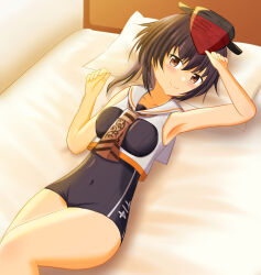  1girl armpits asymmetrical_hair bed bed_sheet bedroom black_hair black_one-piece_swimsuit blush breast_cutout breasts brown_eyes brown_neckerchief character_name clothes_writing commentary_request fai_(fai_coral) framed_breasts hair_between_eyes hat highres i-14_(kancolle) indoors kantai_collection looking_at_viewer lying neckerchief on_bed one-piece_swimsuit pillow sailor_collar school_swimsuit shirt short_hair sleeveless sleeveless_shirt small_breasts smile solo swimsuit swimsuit_under_clothes white_sailor_collar white_shirt 