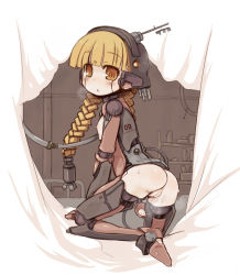  1girl 7010 android antennae ass blonde_hair blunt_bangs blush braid breath curtains doll flat_chest from_behind headgear helmet loli long_hair nipples original pussy pussy_juice robot single_braid solo twin_braids uncensored yellow_eyes  rating:Explicit score:90 user:danbooru