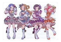  4girls :d absurdres arms_up ayase_naru black_hair blonde_hair blue_eyes blue_gloves blue_hair boots bow brown_eyes commentary_request dress finger_heart frilled_dress frills fukuhara_ann full_body gloves green_eyes hair_bow heart heart_arms heart_hands high_heel_boots high_heels highres idol_clothes knee_boots long_hair looking_at_viewer mea_(meari_mr) multicolored_hair multiple_girls one_eye_closed open_mouth pink_hair pretty_rhythm pretty_rhythm_rainbow_live pretty_series purple_gloves purple_hair rinne_(pretty_rhythm) short_hair side_ponytail single_glove smile standing standing_on_one_leg suzuno_ito two-tone_hair white_footwear white_gloves 