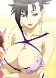  00s 1girl absurdres bakuretsu_tenshi bare_shoulders black_hair breast_hold breast_rest breasts cleavage crossed_arms female_focus from_above hair_ribbon highres huge_breasts one-piece_swimsuit open_mouth pale_skin ponytail ribbon screencap sei_(bakuretsu_tenshi) shiny_skin short_hair smile solo standing stitched swimsuit third-party_edit upper_body  rating:Questionable score:106 user:Maximintermater
