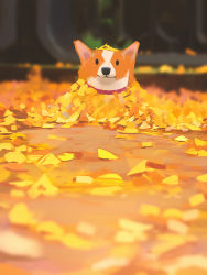  :3 animal animal_focus autumn autumn_leaves blurry blurry_background blurry_foreground closed_mouth collar commentary dog english_commentary highres looking_at_viewer no_humans original red_collar sketch snatti tree welsh_corgi 