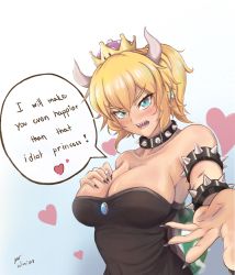  absurdres armlet bare_shoulders blonde_hair borrowed_character bowsette bracelet breasts cleavage collar english_text fingernails heart highres horns jewelry large_breasts mario_(series) new_super_mario_bros._u_deluxe nintendo pointy_ears reaching reaching_towards_viewer sharp_fingernails solo spiked_armlet spiked_bracelet spikes spoken_heart super_crown  rating:Sensitive score:24 user:Twiistblade