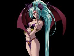  1girl aqua_hair armlet black_background breasts bright_pupils cleavage cowboy_shot crossed_arms delta_(words_worth) demon_wings facial_mark forehead_mark game_cg jewelry loincloth long_hair nail_polish official_art pointy_ears red_eyes ring simple_background solo very_long_hair wings words_worth  rating:Sensitive score:16 user:danbooru