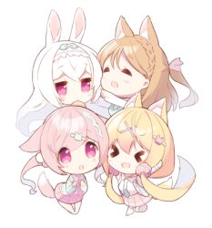  &gt;_&lt; 4girls :d amamiya_aki amamiya_mei animal_ears blonde_hair blue_jacket blush braid brown_hair chibi collared_shirt commentary_request cynthia_riddle fox_ears fox_girl fox_tail hair_between_eyes jacket long_hair long_sleeves lowres milia_leclerc mofu-mofu_after_school mofumofu_channel multiple_girls necktie one_side_up open_clothes open_jacket open_mouth outstretched_arm p19 pink_eyes pink_hair pink_necktie pink_skirt pleated_skirt rabbit_ears shirt skirt sleeves_past_wrists smile tail transparent_background very_long_hair white_hair white_shirt xd 