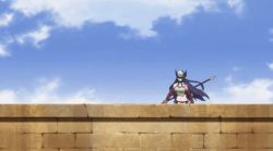  10s 1girl aishela animated animated_gif aniplex breasts cloud grancrest_senki helmet large_breasts long_hair midriff outdoors polearm purple_hair red_eyes sky solo standing subtitled weapon  rating:Sensitive score:5 user:jr0904
