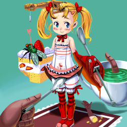 1girl blonde_hair blood bloomers blue_eyes bug cake fly food food-themed_hair_ornament fruit hair_ornament hairclip holding holding_spoon in_food injury insect kouno_(masao) loli mini_person minigirl nose open_mouth pantyhose pastry screaming severed_arm severed_limb smile solo spoon standing strawberry strawberry_hair_ornament striped_clothes striped_pantyhose surprised surreal tampon tea tears thighhighs tongue twintails underwear what white_bloomers rating:Questionable score:10 user:danbooru