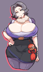  1girl belt breasts charm_(pokemon) cleavage covered_erect_nipples covered_navel creatures_(company) cropped_legs fur_collar game_freak grey_hair hand_on_own_hip head_tilt highres huge_breasts large_breasts leebo_(leeboxxx) nintendo poke_ball pokemon pokemon_legends:_arceus purple_background red_lips short_hair skirt solo  rating:Sensitive score:87 user:HomeStruck
