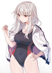  1girl black_one-piece_swimsuit competition_swimsuit cowboy_shot gangut_(kancolle) grey_hair hair_between_eyes hair_ornament hairclip jacket jacket_on_shoulders kantai_collection long_hair mitsuyo_(mituyo324) one-piece_swimsuit orange_eyes parted_lips simple_background solo swimsuit whistle whistle_around_neck white_background white_jacket 