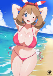  1girl ;d alternate_breast_size armpits arms_behind_head artist_logo artist_name beach bikini blue_eyes blue_sky bow breasts brown_hair cleavage cloud collarbone commentary cowboy_shot creatures_(company) curvy english_commentary game_freak hair_bow kaos_art large_breasts looking_at_viewer may_(pokemon) navel nintendo ocean one_eye_closed open_mouth patreon_username pokemon pokemon_oras red_bikini side-tie_bikini_bottom sky smile solo standing swimsuit teeth upper_teeth_only 