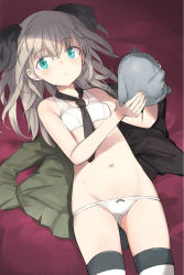  1girl animal animal_ears bird black_swan_(bird) blonde_hair bow bra breasts green_eyes holding holding_animal jacket luminous_witches lying military military_uniform navel necktie official_art panties shimada_fumikane small_breasts smile striped_clothes striped_thighhighs tail thighhighs underwear undressing uniform unworn_jacket virginia_robertson white_bra white_panties world_witches_series  rating:Sensitive score:44 user:Moonman