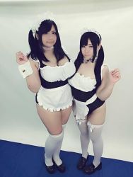  2girls asian black_hair breasts chouzuki_maryou lipstick maid makeup multiple_girls photo_(medium) plump tagme thick_thighs thighs  rating:Questionable score:5 user:resident88