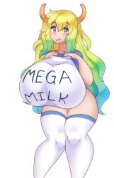  1girl blonde_hair breasts cowboy_shot dragon_horns female_focus green_eyes green_hair highres horns huge_breasts kissurai knees_together_feet_apart kobayashi-san_chi_no_maidragon leaning_forward long_hair looking_at_viewer lucoa_(maidragon) mega_milk meme open_mouth shirt solo standing taut_clothes taut_shirt thick_thighs thighhighs thighs unusually_open_eyes white_background white_shirt white_thighhighs wide_hips 