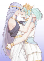  2girls alternate_form aqua_hair arms_around_neck arms_around_waist bare_shoulders black_sash blue_sash braid chinese_commentary claw_ring commentary_request cowboy_shot diadem dress eye_contact face-to-face final_fantasy final_fantasy_xiv from_side gradient_background green_eyes highres jewelry layered_dress llymlaen long_hair looking_at_another menphina multiple_girls neck_ring noses_touching profile purple_hair sash short_hair short_twintails simple_background single_braid sleeveless sleeveless_dress smile standing twintails white_background white_dress wo_dou_gao_shi&#039;er_shennu wristlet yuri 