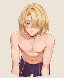  1boy abs aged_up artist_request arupi_art black_shorts blonde_hair blue_eyes bulge closed_mouth freminet_(genshin_impact) genshin_impact hair_over_one_eye highres looking_at_viewer male_focus muscular muscular_male navel nipples shorts solo source_request stomach topless_male 