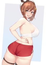 1girl ass atelier_(series) atelier_ryza blush breasts brown_eyes brown_hair butt_crack from_behind hair_ornament hairclip hat highres huge_ass kuavera large_breasts looking_at_viewer looking_back open_mouth red_shorts reisalin_stout shiny_skin short_hair short_shorts shorts solo thick_thighs thigh_strap thighs rating:Questionable score:18 user:armorcrystal