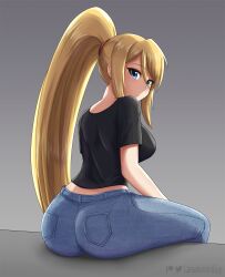  1girl alternate_costume ass black_shirt blonde_hair blue_eyes blue_pants breasts canadiananiguy casual closed_mouth denim from_behind grey_background high_ponytail highres jeans large_breasts long_hair looking_at_viewer looking_back metroid mole mole_under_mouth nintendo pants samus_aran shirt sidelocks sitting solo very_long_hair 