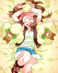 10s 1girl bound creatures_(company) female_focus game_freak gen_5_pokemon hilda_(pokemon) laughing lying nintendo pokemon pokemon_(creature) pokemon_bw tears tickling tickling_armpits tied_up_(nonsexual) whimsicott yapo_(mess)