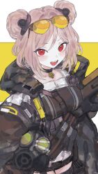 1girl absurdres black_choker black_jacket breasts brown_hair bullpup choker commentary commentary_request commission double_bun eyewear_on_head gas_mask girls&#039;_frontline gun hair_bun highres holding holding_gun holding_weapon hood hooded_jacket jacket looking_at_viewer mask open_clothes open_jacket open_mouth p90 p90_(girls&#039;_frontline) personal_defense_weapon red_eyes rocb short_hair skeb_commission smile solo submachine_gun sunglasses teeth two-tone_background upper_teeth_only weapon white_background yellow_background