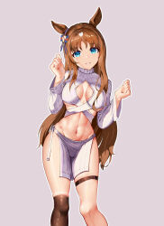  1girl absurdres animal_ears black_thighhighs blue_eyes bow breasts brown_hair chinese_commentary cleavage cleavage_cutout clenched_hands clothing_cutout commentary_request cowboy_shot crop_top cropped_sweater ear_ribbon evolved_virgin_killer_sweater grass_wonder_(umamusume) grey_background groin hands_up highres horse_ears horse_girl loincloth long_hair long_sleeves looking_at_viewer medium_breasts meme_attire midriff multicolored_hair navel parted_bangs parted_lips pelvic_curtain ribbed_sweater sidelocks simple_background single_thighhigh skindentation smile standing sweater thigh_strap thighhighs turtleneck turtleneck_sweater umamusume white_hair white_sweater xg_epee 