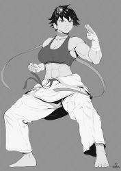 1girl abs absurdres barefoot breasts choker cleavage clenched_hand clothes_around_waist dougi fighting_stance full_body hand_wraps highres karate large_breasts makoto_(street_fighter) martial_arts_belt monochrome muscular muscular_female ribbon_choker short_hair solo speedl00ver street_fighter street_fighter_iii_(series) toes tomboy rating:Sensitive score:45 user:danbooru