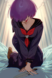  1girl all_fours arm_support bed black_shirt black_skirt breasts brown_pantyhose cleavage curtains facing_viewer highres indoors infirmary knife long_skirt long_sleeves mara_(raneblu) medium_breasts neckerchief no_shoes on_bed open_mouth original pantyhose purple_hair raneblu red_neckerchief sailor_collar school_uniform serafuku shirt short_hair skirt solo tongue tongue_out v_arms 