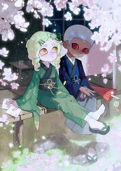  1boy 1girl absurdres afro cherry_blossoms closed_mouth commentary_request dark-skinned_male dark_skin drill_hair flower green_hair green_kimono grey_hair grey_hakama hair_flower hair_ornament hakama haori highres japanese_clothes kimono long_hair nintendo octoling octoling_boy octoling_girl octoling_player_character okobo open_mouth rain red_eyes rock rongyu1029 sandals short_hair sitting sleeves_past_wrists splatoon_(series) tentacle_hair thick_eyebrows twin_drills umbrella unworn_footwear wide_sleeves yellow_eyes 