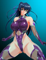  1girl bare_shoulders black_hair blue_hair bodysuit breasts cameltoe covered_navel curvy full_body gradient_background green_eyes hair_ribbon high_ponytail highleg highleg_leotard highres igawa_asagi impossible_clothes impossible_leotard large_breasts leotard long_hair looking_at_viewer nado.e official_alternate_costume ponytail purple_bodysuit revealing_clothes ribbon shiny_clothes shiny_skin simple_background skin_tight smile solo taimanin_(series) taimanin_asagi taimanin_rpgx thong_leotard 