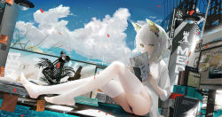 1girl alternate_costume animal_ears arknights black_panties blue_sky blush book cat_ears chinese_commentary cloud collared_shirt commentary_request day dress_shirt full_body garter_straps green_eyes highres holding holding_book kal&#039;tsit_(arknights) keyboard_(computer) lamp legs long_sleeves looking_at_viewer no_pants no_shoes note omone_hokoma_agm open_book outdoors panties petals pool railing reading rhodes_island_logo_(arknights) shirt short_hair silver_hair sitting skindentation sky solo star_(symbol) thighhighs underwear water white_shirt white_thighhighs rating:Sensitive score:61 user:danbooru