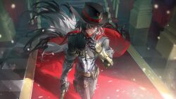  1boy belt belt_buckle black_hair black_hat bolichar boothill_(honkai:_star_rail) brown_belt buckle cape grin gun hair_over_one_eye hat hat_feather highres holding holding_gun holding_weapon honkai:_star_rail honkai_(series) indoors long_hair male_focus multicolored_hair red_cape shrug_(clothing) smile solo split-color_hair two-tone_hair weapon white_hair zipper 
