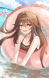 1girl afloat bikini boo_tao_(genshin_impact) breasts bright_pupils brown_hair cloud day flower flower-shaped_pupils genshin_impact ghost gya_(144) hair_between_eyes highres hu_tao_(genshin_impact) in_water innertube long_hair looking_at_viewer ocean open_mouth outdoors red_eyes sky small_breasts smile solo swim_ring swimsuit symbol-shaped_pupils twintails water wet white_pupils rating:General score:12 user:danbooru