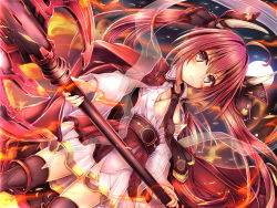1girl axe battle_axe boots cape collarbone commentary_request date_a_live dutch_angle fire hair_ornament hair_ribbon highres holding holding_axe holding_weapon itsuka_kotori kaisu knee_boots moon necktie night red_cape red_eyes red_hair ribbon shirt skirt solo twintails v-shaped_eyebrows weapon white_shirt white_skirt rating:Sensitive score:6 user:danbooru