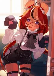  absurdres ahoge animal_ears animal_hands ascot black_bow black_bowtie black_shorts blue_eyes blush bow bowtie breasts bright_pupils cowboy_shot dice_hair_ornament evening glasses gloves grey_ascot hair_between_eyes hair_ornament hakos_baelz hakos_baelz_(4th_costume) highres hololive hololive_english indoors jiang_ye_kiri leaning_forward long_hair long_sleeves looking_at_viewer low-tied_long_hair low_twintails medium_breasts mouse_ears mouse_girl open_mouth paw_gloves paw_pose red_hair shirt shirt_tucked_in shorts suspender_shorts suspenders thigh_strap twintails very_long_hair virtual_youtuber white_shirt 