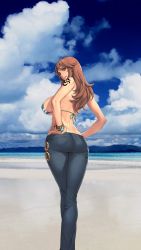  1girl ass bare_shoulders beach bikini bikini_top_only bracelet breasts butt_crack cloud cloudy_sky curvy denim hands_on_own_hips highres hip_focus huge_breasts jeans jewelry long_hair long_legs looking_back nami_(one_piece) navel oda_non one_piece orange_eyes orange_hair pants sideboob sky smile solo swimsuit tattoo third-party_edit tight_clothes tight_pants  rating:Sensitive score:209 user:Perv-Ultra