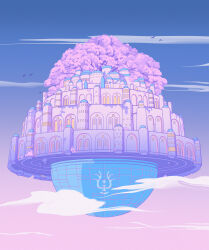  above_clouds architecture bird blue_sky building cloud fantasy floating floating_castle floating_island floating_object gradient_sky highres no_humans owakita pastel_colors pink_sky scenery sky tenkuu_no_shiro_laputa tree 