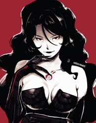  1girl artist_name black_dress black_gloves black_hair black_lips breasts chest_tattoo cleavage commentary dress elbow_gloves english_commentary fullmetal_alchemist gloves highres large_breasts long_hair looking_at_viewer lust_(fma) miss_faves off-shoulder_dress off_shoulder ouroboros red_background red_eyes simple_background solo tattoo wavy_hair 