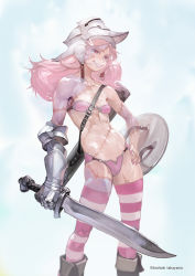 1girl armor artist_name bikini_armor buckler cloud cloudy_sky collarbone colored_skin contrapposto fangs fantasy fingernails gauntlets hand_on_own_hip helmet holding holding_sword holding_weapon knight long_fingernails long_hair nail_polish navel original patchwork_skin pink_eyes pink_hair pink_nails pink_skin scabbard scar scar_on_arm scar_on_chest scar_on_face scar_on_leg scar_on_stomach sharp_fingernails sheath shield single_gauntlet skindentation sky slit_pupils smile solo standing stitches striped_clothes striped_thighhighs sword takayama_toshiaki teeth thighhighs toned unsheathed vambraces weapon rating:Sensitive score:22 user:danbooru
