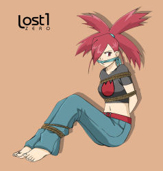  1girl arms_behind_back barefoot bdsm belly belt bondage bound bound_ankles breasts cleave_gag cloth_gag collarbone creatures_(company) crop_top denim feet flannery_(pokemon) gag gagged game_freak gym_leader hair_over_one_eye improvised_gag jeans looking_at_viewer lost_one_zero midriff nail navel nintendo pants pokemon red_eyes red_hair sitting solo toenails toes  rating:Questionable score:52 user:anonamoos