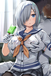  1boy 1girl 2023 admiral_(kancolle) artist_name belko blue_eyes blue_sailor_collar blurry blurry_background blush breasts collarbone curtains dated faceless faceless_male gloves grabbing grabbing_another&#039;s_breast grabbing_from_behind grey_skirt hair_ornament hair_over_one_eye hairclip hamakaze_(kancolle) hetero highres holding_food holding_ice_cream ice_cream indoors kantai_collection large_breasts parted_lips sailor_collar school_uniform serafuku short_hair skirt steaming_body sweatdrop twitter_username white_gloves white_hair 