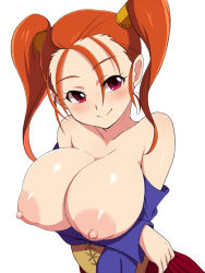  1girl bare_shoulders blush breast_hold breasts breasts_out brown_hair crossed_arms dragon_quest dragon_quest_viii huge_breasts jessica_albert konboi-eg large_areolae long_hair looking_at_viewer looking_to_the_side nipples orange_hair puffy_nipples red_eyes smile solo twintails upper_body white_background  rating:Explicit score:141 user:danbooru