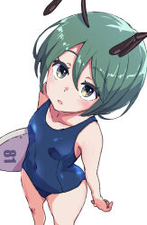  1girl antennae blue_one-piece_swimsuit blush breasts collarbone commentary_request double-parted_bangs from_above green_hair grey_eyes highres holding holding_surfboard jack_(wkm74959) looking_at_viewer one-piece_swimsuit open_mouth short_hair small_breasts solo standing surfboard swimsuit touhou white_background wriggle_nightbug 