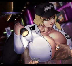 1boy 1girl assertive_female bandaid bandaid_on_face blonde_hair breast_smother breasts cleavage curvy face_to_breasts five_nights_at_freddy&#039;s five_nights_at_freddy&#039;s:_security_breach flashlight gigantic_breasts gregory_(fnaf) hat highres holding holding_flashlight huge_breasts no_bra restrained security_guard strangehero subtitled uniform vanessa_(fnaf) yellow_eyes rating:Questionable score:474 user:Garber3333