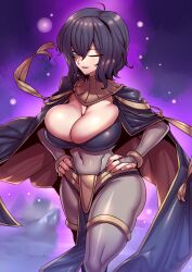  1girl abs absurdres aged_up alternate_costume black_hair bracelet breasts bridal_gauntlets cape cleavage commission cosplay covered_navel female_focus fire_emblem fire_emblem:_awakening hands_on_own_hips highres jewelry large_breasts looking_at_viewer mature_female morgan_(female)_(fire_emblem) morgan_(fire_emblem) muscular nintendo one_eye_closed open_mouth purple_eyes sallya_(fire_emblem) skeb_commission solo standing tharja_(fire_emblem)_(cosplay) third-party_edit tsuki_wani wink  rating:Sensitive score:17 user:trw