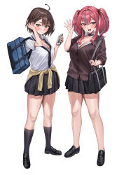  2girls absurdres azur_lane bag baltimore_(after-school_ace)_(azur_lane) baltimore_(azur_lane) black_bag black_choker black_footwear black_skirt black_socks blue_bag blush breasts bremerton_(azur_lane) bremerton_(day-off_date)_(azur_lane) brown_hair choker cleavage closed_mouth collarbone full_body hand_up highres kneehighs large_breasts loafers long_hair looking_at_viewer mole mole_on_breast multicolored_hair multiple_girls official_alternate_costume open_mouth pink_hair purple_hair shirt_tucked_in shocho shoes short_hair shoulder_bag simple_background skirt smile socks standing streaked_hair thighs twintails white_background  rating:Sensitive score:28 user:danbooru