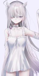  1girl ahoge bare_shoulders bow braid character_request chemise collarbone copyright_request detached_sleeves expressionless head_wings highres long_hair migihidari_(puwako) pointy_ears purple_eyes white_bow white_chemise white_hair wings 