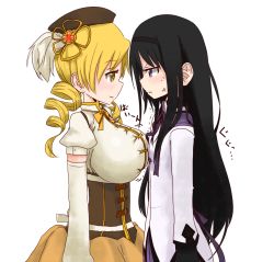 10s 2girls akemi_homura anger_vein arm_warmers asymmetrical_docking black_hair blonde_hair breast_envy breast_press breasts corset drill_hair ekusiregaia eye_contact face-to-face flat_chest hair_ornament hairband hat huge_breasts large_breasts long_hair long_sleeves looking_at_another magical_girl mahou_shoujo_madoka_magica multiple_girls profile puffy_sleeves purple_eyes shirt short_sleeves skirt smirk tomoe_mami twin_drills twintails yellow_eyes rating:Sensitive score:64 user:danbooru