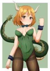  1girl bandaid bandaid_on_face bell_shireikan blush border bow bowtie breasts brown_eyes brown_hair brown_pantyhose cleavage cowboy_shot detached_collar dragon_girl dragon_horns dragon_tail green_background green_leotard highleg highleg_leotard highres horns kantai_collection leotard looking_at_viewer medium_breasts nontraditional_playboy_bunny oboro_(kancolle) pantyhose scales short_hair solo strapless strapless_leotard tail white_border wrist_cuffs 