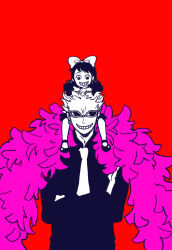  1boy 1girl aged_down baby_5 bow carrying child crossed_arms donquixote_doflamingo feather_coat grin hair_bow itowo_(itowc) jacket limited_palette necktie one_piece red_background shoulder_carry simple_background smile sunglasses 